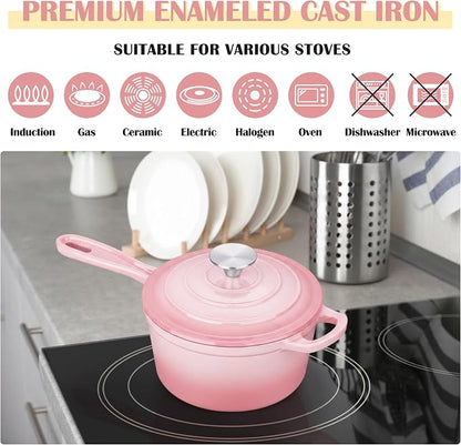 E-far Enameled Cast Iron Sauce Pan with Lid, 1 Quart Dutch Oven Saucepan, Mini Sauce Pot for Cooking, Boiling, Healthy & Non Toxic, Induction & Oven Safe, Pink