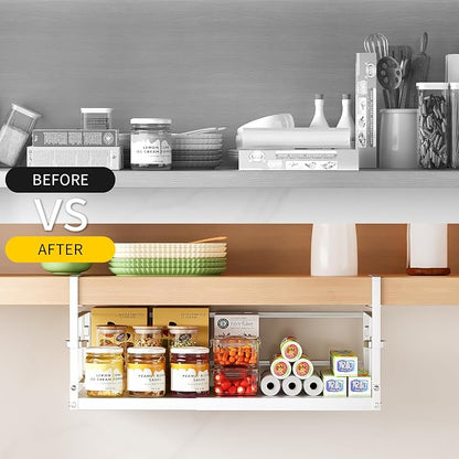 prueBox Under Shelf Storage Basket Organizer Adjustable Hanging Holder with Knob Lock, Heavy Duty Metal Panel for Pantry, Kitchen, Office, Closet, 11.8"-19.3" Wide, White, 1 Pack