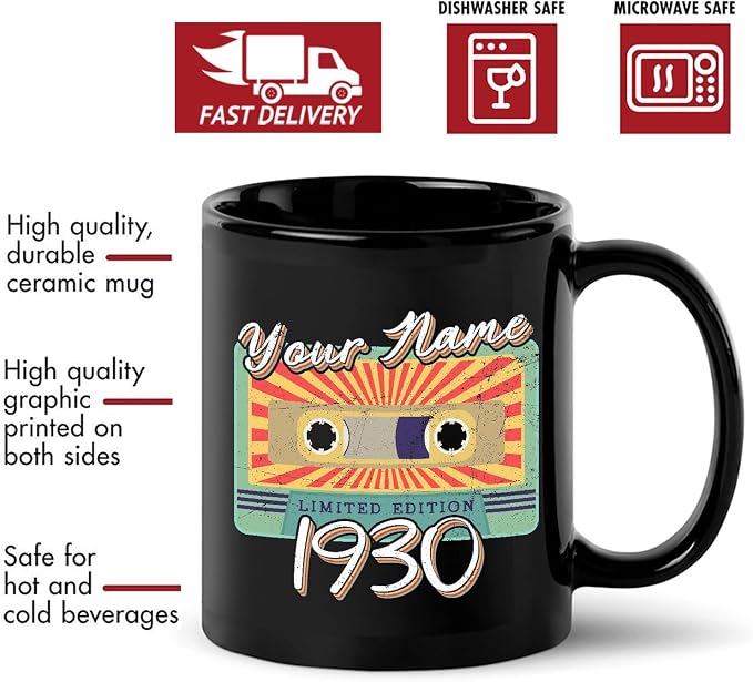 Personalized Vintage Cassette Tape Vintage 1930 Mug, Custom Your Name, 1930 Retro Coffee Mug, 92nd Birthday Present Gifts, 1930 Birthday Gift For Friends Family, Customizable Black Tea Cups