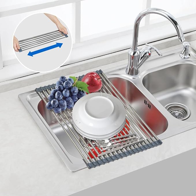 Expandable Roll Up Dish Drying Rack Over The Sink Rack, Large Dish Drainer Rack for Stainless Steel Sinks, Non-Slip Silicone Collapsible Rack 18 Tube for Kitchen, Sliver Gray