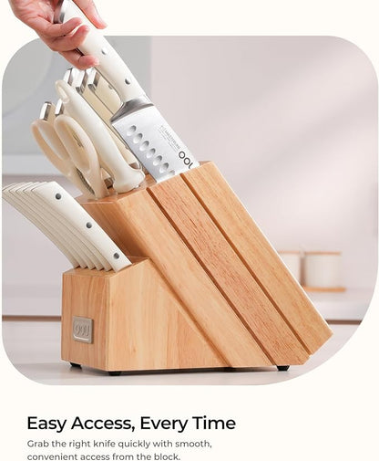 Knife Set, 15 Pcs German High Carbon Stainless Steel Kitchen Knife Set, Knife Sets with Block and Sharpener,Enduring Razor-Sharp FSC Wooden Knives Block Set for Kitchen，Nature