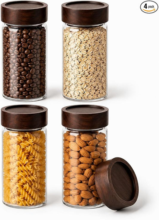 Wide Mouth Glass Storage Jars With 3" Acacia Wood Lids - 4 Pack of 16.9 Oz Airtight Food Storage Containers - Borosilicate Glass Canisters for Kitchen - Pantry Organizers Storage for Flour Rice Coffee