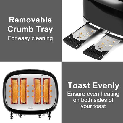 CUSIMAX Toaster 4 Slice, Retro Toaster with Wide Slots for Bagels, Stainless Steel with 6 Toast Settings, Bagel, Cancel, Defrost & Reheat Functions, Dual Independent Control Panels, Black
