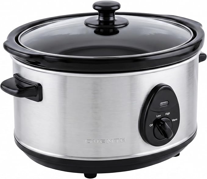 OVENTE Electric Slow Cooker with 3 Cooking Settings, Non-Stick and Dishwasher Safe Stoneware, Stainless Steel Body, Glass Lid, 3.7 Qt Oval Pot for Entrees, Soups, Sauces, Stews & Dips, Silver SLO35ABR
