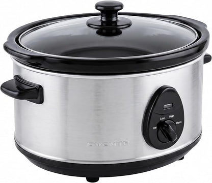 OVENTE Electric Slow Cooker with 3 Cooking Settings, Non-Stick and Dishwasher Safe Stoneware, Stainless Steel Body, Glass Lid, 3.7 Qt Oval Pot for Entrees, Soups, Sauces, Stews & Dips, Silver SLO35ABR