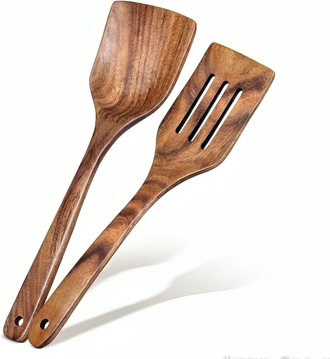 Natural Wooden Spoon Set for Cooking - 2 Piece Mango Wood Utensils Set Includes Spatula & Serving Spoons - Nonstick Safe Kitchen Tools