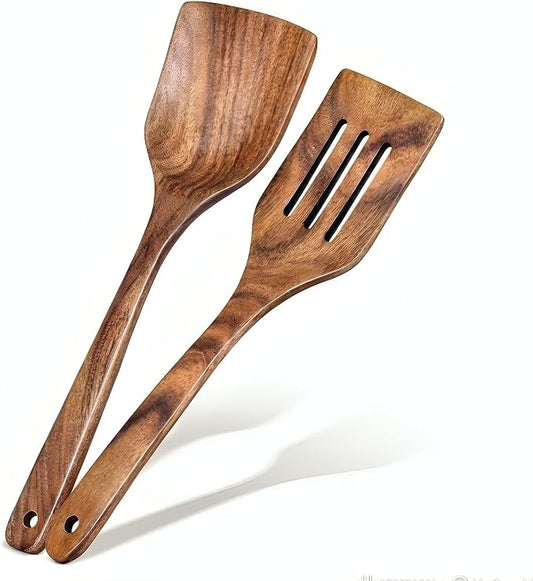 Natural Wooden Spoon Set for Cooking - 2 Piece Mango Wood Utensils Set Includes Spatula & Serving Spoons - Nonstick Safe Kitchen Tools