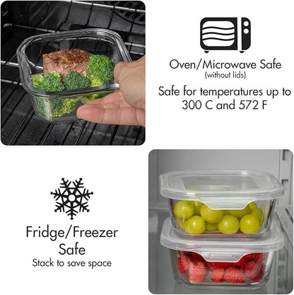 Square Glass Storage Container, Stackable BPA Free Airtight Seal Food Containers with Lids, Meal Prep Kitchen Organization and Storage, 5"x5" x 2.5", 17.6oz, 0.52L, White, 4 Pack