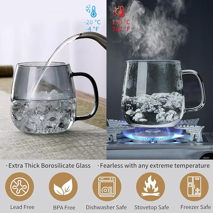 Glass Tea Cup with Infuser and Lid, 17.6oz/520ml Large Borosilicate Teacup, Clear Mug for Loose Leaf Tea, Blooming Tea, Tea Bags - Perfect Christmas or Birthday Gift for Men.