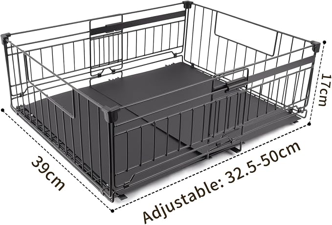 Expandable Pull Out Cabinet Organiser, No Drill Adhesive Slide Out Kitchen Drawer Shelf Durable Metal for Under Sink, Cupboard, Pantry, Adjustable Width (12.8"-19.7") (Style B Black, 1 Pack)