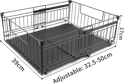 Expandable Pull Out Cabinet Organiser, No Drill Adhesive Slide Out Kitchen Drawer Shelf Durable Metal for Under Sink, Cupboard, Pantry, Adjustable Width (12.8"-19.7") (Style B Black, 1 Pack)