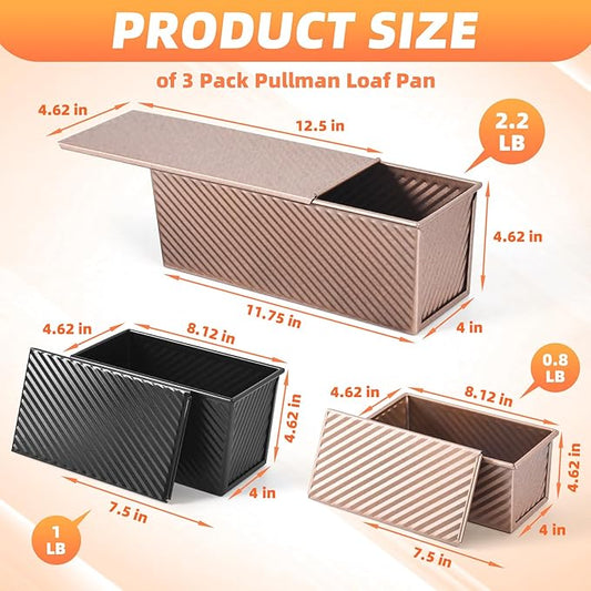 3 PCS Pullman Loaf Pan with Lid, 2.2 lb & 1 lb & 0.8 lb Dough Capacity, Nonstick Carbon Steel Sandwich Bread Pans with Covers for Homemade Sourdough Baking