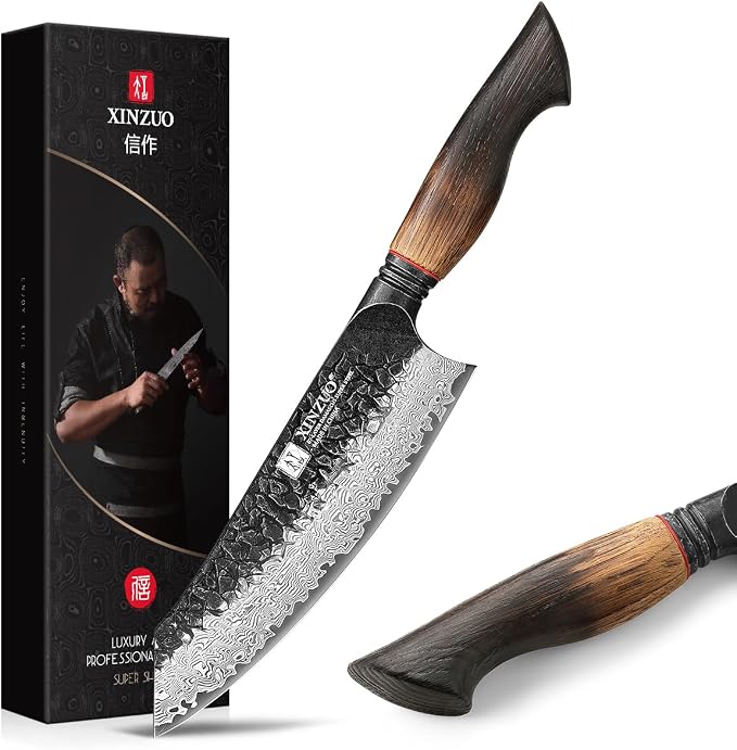 XINZUO 7.6 Inch Sharp Damascus Santoku Knife,Professional 67 Layers Damascus Steel Kitchen Meat Knife for Home and Kitchen,10Cr15CoMoV Steel Core,With White Oak + Red G10 Gasket Handle