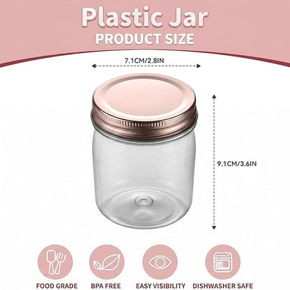 novelinks 8 oz Clear Plastic Jars with Airtight Lids, 24 Pack Plastic Mason Jars with Lids 8oz, Refillable Storage Slime Containers & Small Spice Jar for Kitchen Organization (24 Pack,Rose Gold)