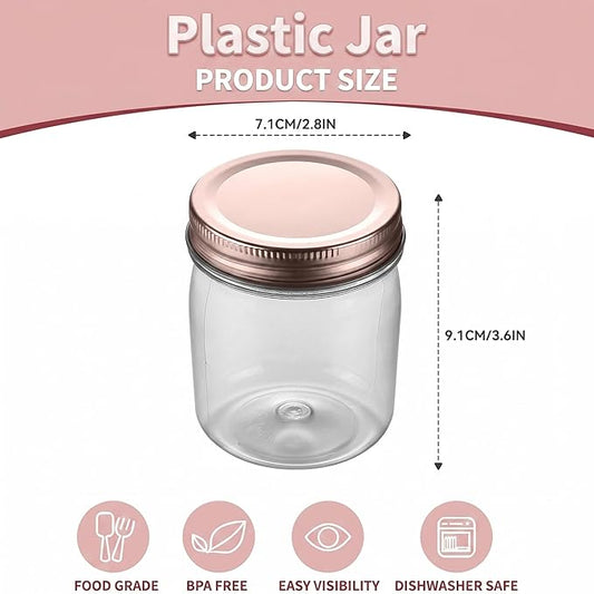 novelinks 8 oz Clear Plastic Jars with Airtight Lids, 24 Pack Plastic Mason Jars with Lids 8oz, Refillable Storage Slime Containers & Small Spice Jar for Kitchen Organization (24 Pack,Rose Gold)