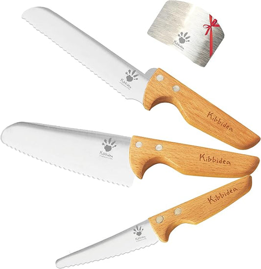 Kibbidea Kids Knife Set for Real Cooking, 4PCS Safe Kitchen Knives for Toddlers and Kids, Food-Grade Stainless Steel Blades for Cutting and Chopping, Child-Safe Beginner Chef Set, BPA-Free