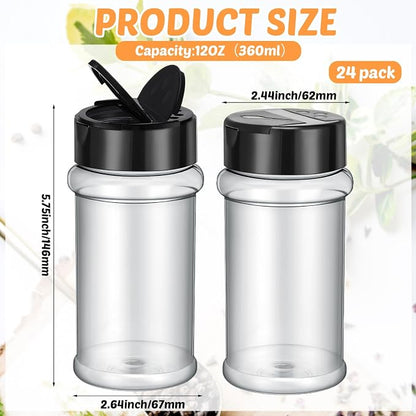 Jadive 24 Pcs Plastic Spice Jars with Shaker Lids Clear Spice Bottles Plastic Seasoning Containers Empty Shaker for Kitchen Storing Herbs Seasoning Powders Pepper Dry Goods (12 oz,Black)