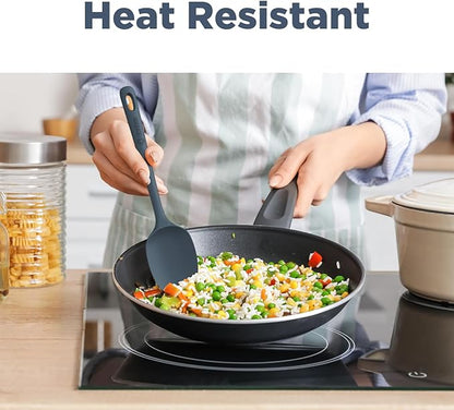 Person cooking stir-fry in a pan with a spatula, text 'Heat Resistant' above.