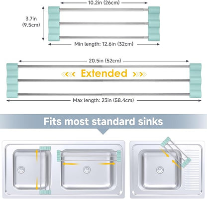 Extendable Over Sink Drying Rack, 3-Bar Telescopic Sink Dish Rack, SUS304 Stainless Steel with Light Cyan Silicone Ends, 10.24-20.47 in Adjustable, 16.5 lb Heat Resistant 428°F, Dishwasher Safe