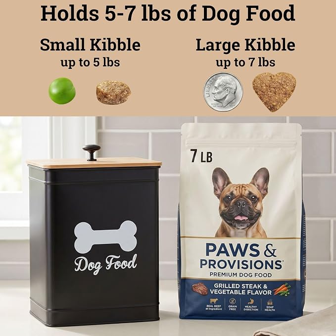 Dog Food Container Airtight 5-7 lb (25 Cup) Capacity - Cute Airtight Dog Food Storage Container with Bamboo Lid & Sturdy Metal Handle - Black Metal Kibble Storage Bin for Dogs up to 50 lbs - Pet Jar