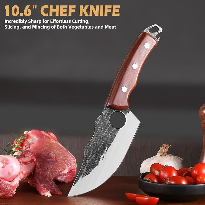 Chef Knife Set, 4 PCS Japanese Kitchen Butcher Knife Set, Serbian Chef Knives Meat Cleaver Viking Boning Knives, Professional Hand Forged, for Home Outdoor Cooking Camping BBQ