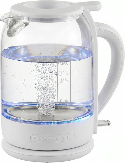 OVENTE Electric Kettle with 1.5L Borosilicate Glass, 1500W Fast Boiling Water Heater for Coffee or Tea, Easy to Fill Lid, Auto Shut-Off, Boil-Dry Protection & Stainless Steel Filter, White KG516W