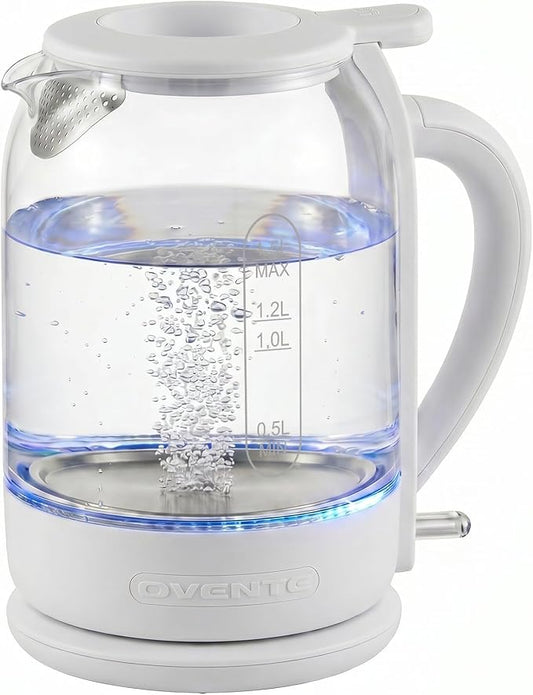 OVENTE Electric Kettle with 1.5L Borosilicate Glass, 1500W Fast Boiling Water Heater for Coffee or Tea, Easy to Fill Lid, Auto Shut-Off, Boil-Dry Protection & Stainless Steel Filter, White KG516W