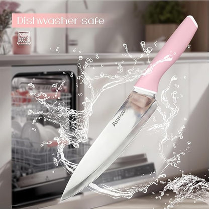 Astercook Knife Set, Kitchen Knives Set with Block and Sharpener 15 Pcs German Stainless Steel Knives Sharp Blade Dishwasher Safe Deba Knives with Ergonomic Handle, Crystal Pink