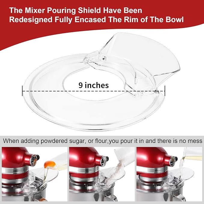 Pouring Shield for KitchenAid 4.5-5 Quart Tilt-Head Stand Mixers, Splash Guard with Removable Pour Spout, Fits Stainless Steel, Glass & Ceramic Mixer Bowls