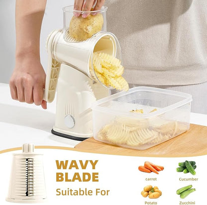 Rotary Cheese Grater with Handle, Vegetable Shredder with 5 Replaceable Blades & Strong Suction Base, Round Food Slicer & Chopper for Kitchen Fruit Vegetables Nuts with Blade Storage Box (Beige)