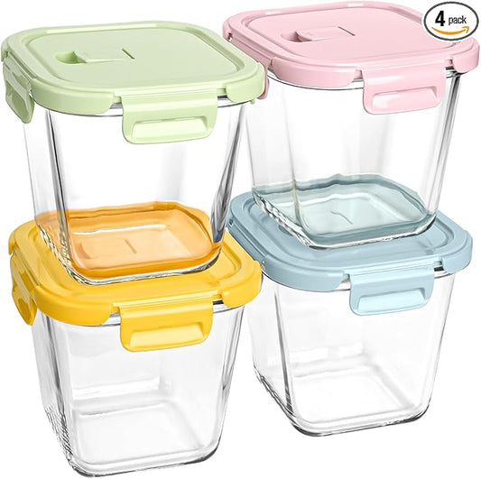 Glass Soup Containers with Lids - 4 Cup Borosilicate Glass Storage Containers, Freezer to Microwave Safe, Airtight Leak Proof, 32oz Square Soup Meal Prep Containers for Lunch Travel- 4 Pack