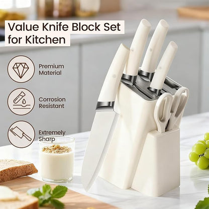 Knife Set, 6-Piece Kitchen Knife Set with Block, Stainless Steel Essentials Cutlery Block Set,Ultra-sharp Blades Chef Knives Set, Rust-Resistant, Ideal Housewarming Gift (White)
