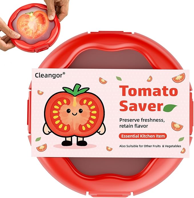 CLEANGOR Tomato Saver with Snap-On Lid, Silicone Food Saver, Tomato Storage Containers Reusable, Vegetable and Fruit Storage Containers, Reusable Kitchen Gadget, Dishwasher Safe (1, Red)