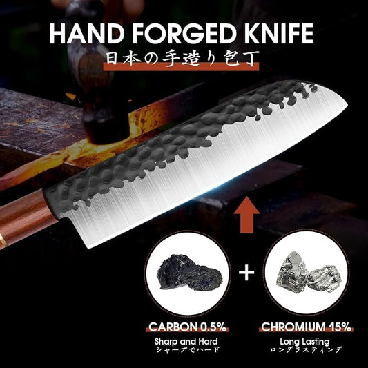 Huusk Japan Knife, 7 Inch Santoku Kitchen Knife, Professional Japanese Chefs Knives Hand Forged High Carbon Steel Sharp Chopping Knives, Ergonomic Rosewood Handle, for Meat, Fish,Ideal Gifts