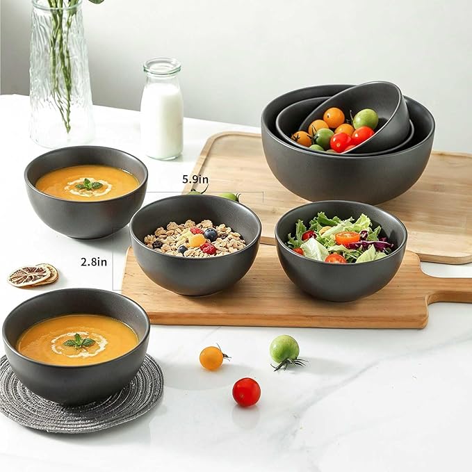 Cereal Bowls, 24 oz Soup Bowls Set of 4, Ceramic Bowls Set for Salad, Fruit, Breakfast, Dessert, Stoneware Bowls for Kitchen, Dishwasher & Microwave Safe, Matte Black