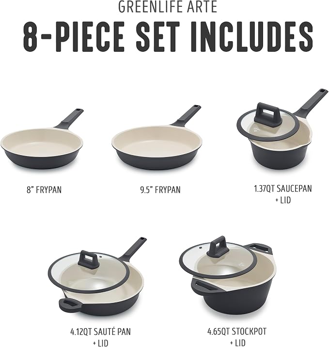 GreenLife 8 Piece Ceramic Nonstick Cookware Set, Induction Suitable Non Toxic PFAS-Free Pots & Pans, Dishwasher Safe, Cooking Set, Stock Pot, Saucepans & Frying Pans, Kitchen Cooking, Graphite