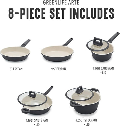 GreenLife 8 Piece Ceramic Nonstick Cookware Set, Induction Suitable Non Toxic PFAS-Free Pots & Pans, Dishwasher Safe, Cooking Set, Stock Pot, Saucepans & Frying Pans, Kitchen Cooking, Graphite