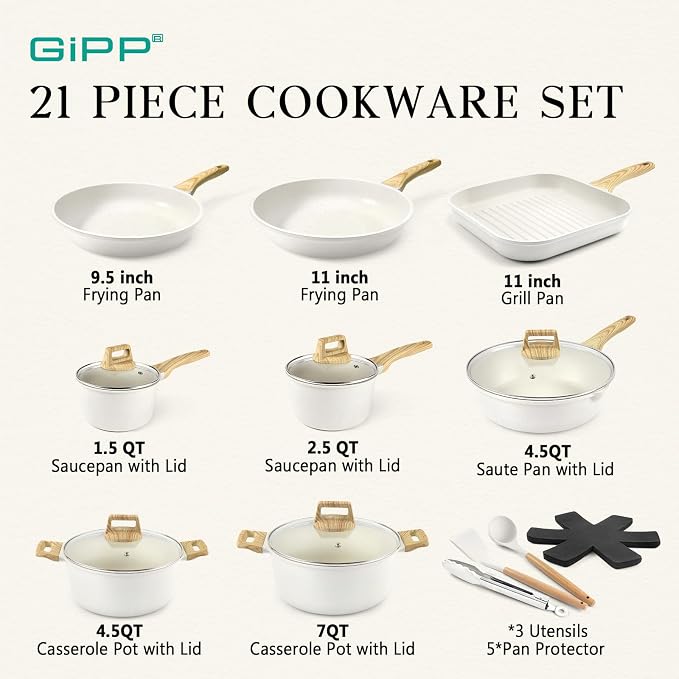 GiPP 21Psc Pots and Pans Set Non Stick White Granite Kitchen Cookware Sets Nonstick Induction Cookware Non-toxic Cooking Pan Set with Silicone Utensils, PFOS and PFOA Free
