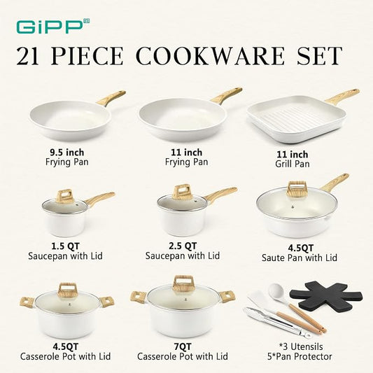 GiPP 21Psc Pots and Pans Set Non Stick White Granite Kitchen Cookware Sets Nonstick Induction Cookware Non-toxic Cooking Pan Set with Silicone Utensils, PFOS and PFOA Free