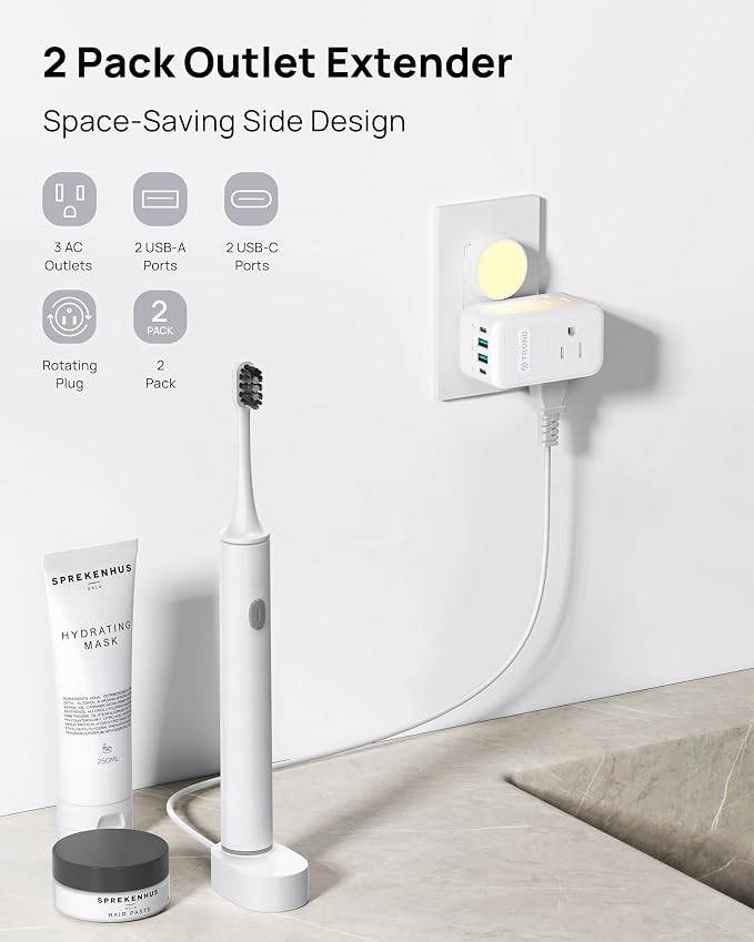 TROND Multi Plug Outlet Extender 2 Pack, 3 Way Outlet Splitter with 360 Rotating Plug, PD 20W USB C Charger Station, Sideways Adapter for Kitchen Bathroom Cruise Ship Travel Essentials