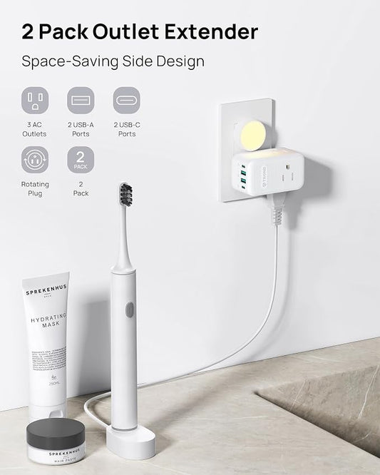 TROND Multi Plug Outlet Extender 2 Pack, 3 Way Outlet Splitter with 360 Rotating Plug, PD 20W USB C Charger Station, Sideways Adapter for Kitchen Bathroom Cruise Ship Travel Essentials