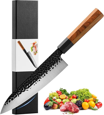 RASSE Japanese Chef Knife Gyuto Chef Knife - 8 Inch Professional Hand Forged Kitchen Knife High Carbon Japanese AUS-8 Stainless Steel Knife with Rosewood Handle & Gift Box