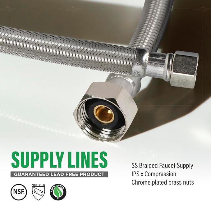 Highcraft Faucet Hose Connector 24" Length, 1/2" IPS X 3/8" Comp FIP Flexible Braided Stainless Steel Supply Line, Bathroom Kitchen Sink Extension (4 Pack)