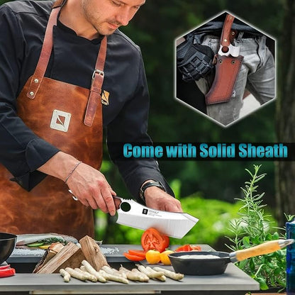 TIVOLI Meat Cleaver Knife Japanese Kitchen Vegetable Knife Sharp Meat Chopper Forged In Fire Full Tang Cleaver Knives with Sheath Bottle Opener for Outdoor Camping Men Women