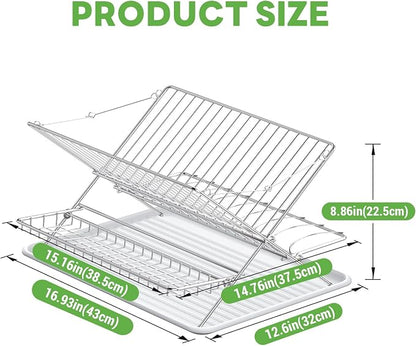 Over The Sink Dish Drying Rack, 3 Tier Large Capacity Stainless Steel Collapsible Foldable Dish Drainer, Space Saving for Kitchen Counter with Utensil Holder and Drainboard (Upgraded)