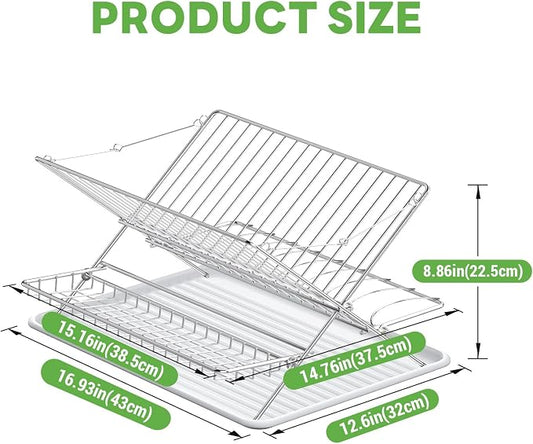 Over The Sink Dish Drying Rack, 3 Tier Large Capacity Stainless Steel Collapsible Foldable Dish Drainer, Space Saving for Kitchen Counter with Utensil Holder and Drainboard (Upgraded)