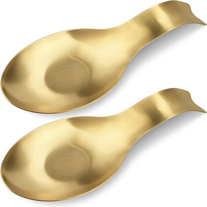 VanlonPro Stainless Steel Spoon Rest, Spatula Ladle Holder, Stainless Steel Utensil Spoon Rest Holder, Brushed Finish, Dishwasher Safe 9.8 x 3.7 Inch (Gold Fish Tail 2PCS)
