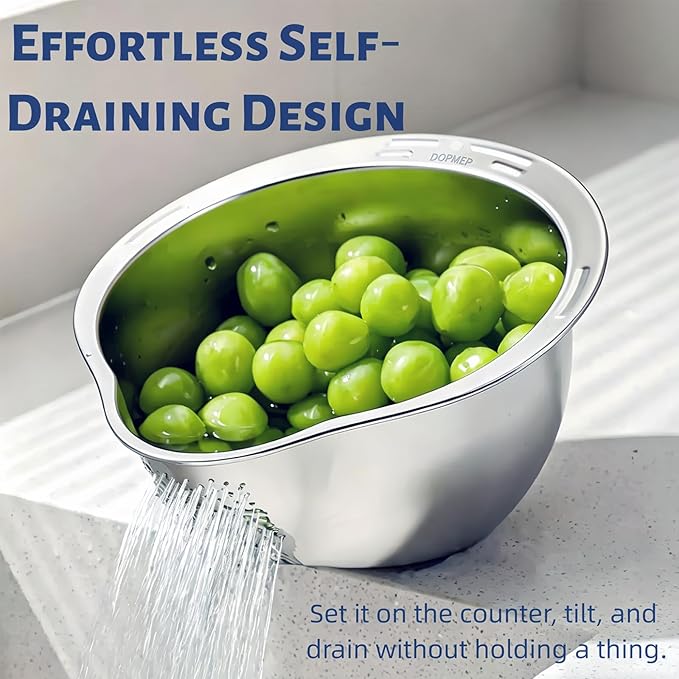 DOPMEP Rice Washer Strainer Bowl, Stainless Steel Colander with Side Drainers - Ideal for Soaking, Washing, Cleaning, and Rinsing Rice, Fruits, Vegetables & Beans, Versatile Kitchen Tool