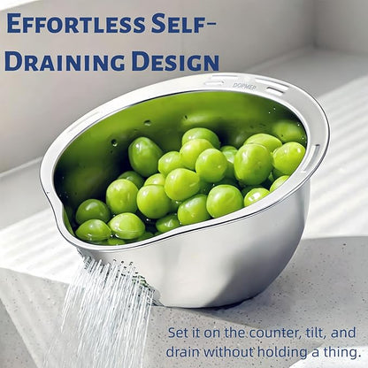 DOPMEP Rice Washer Strainer Bowl, Stainless Steel Colander with Side Drainers - Ideal for Soaking, Washing, Cleaning, and Rinsing Rice, Fruits, Vegetables & Beans, Versatile Kitchen Tool