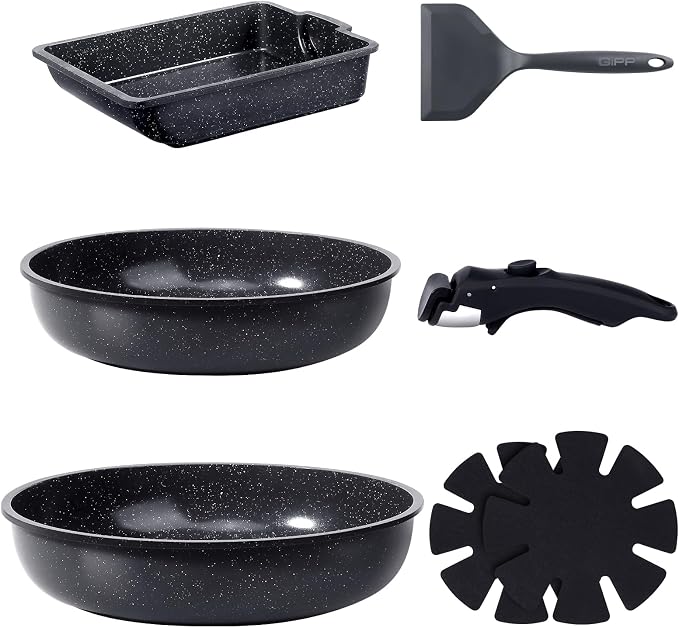 GiPP Ceramic Pots and Pans Set Non Stick, Nonstick Detachable Handle Cookware Sets, Non Toxic Induction Kitchen Pot and Pan with Removable Handle, Healthy RV Cookware, Dishwasher ＆Oven Safe, 7 Piece